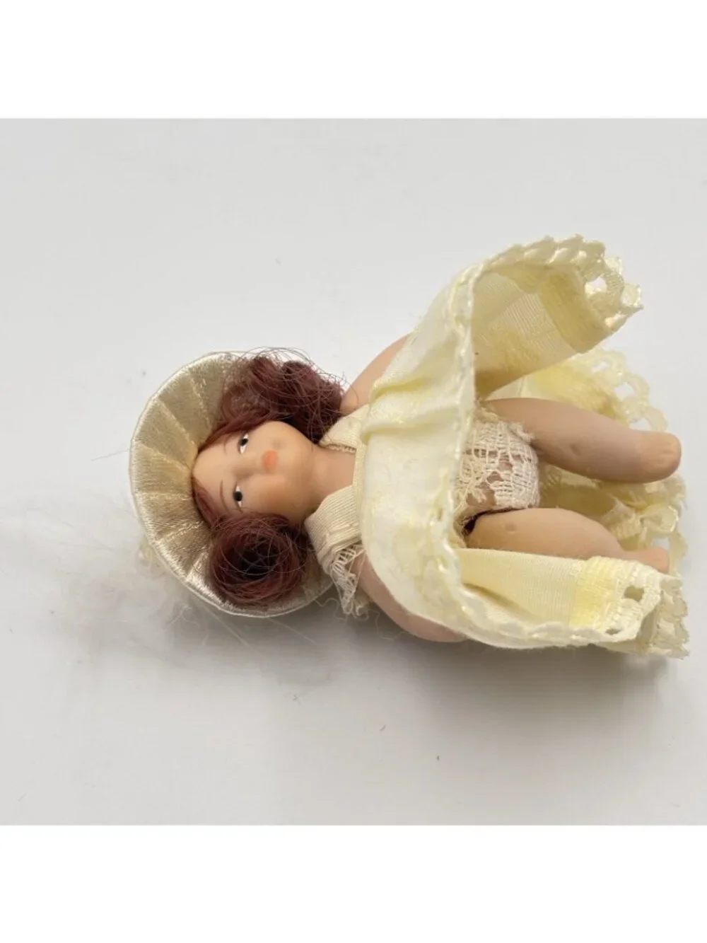 Miniature Porcelain Victorian Doll Christmas Ornament Cream Dress Beaded Hat 2”
